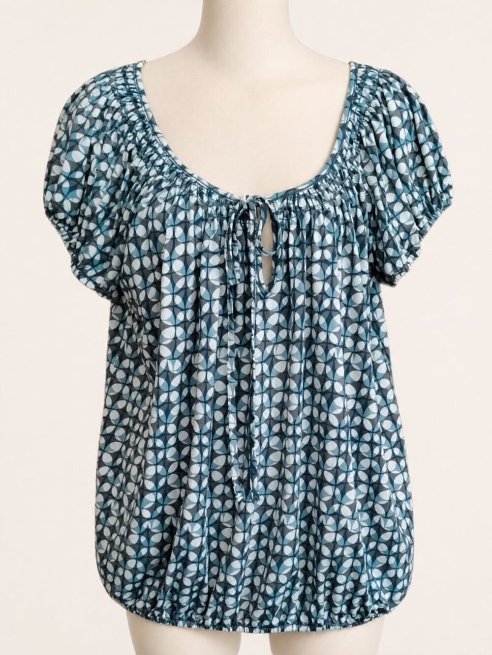 Max Edition Size Large Teal Geometric Print Peasant Blouse Top stretch Large